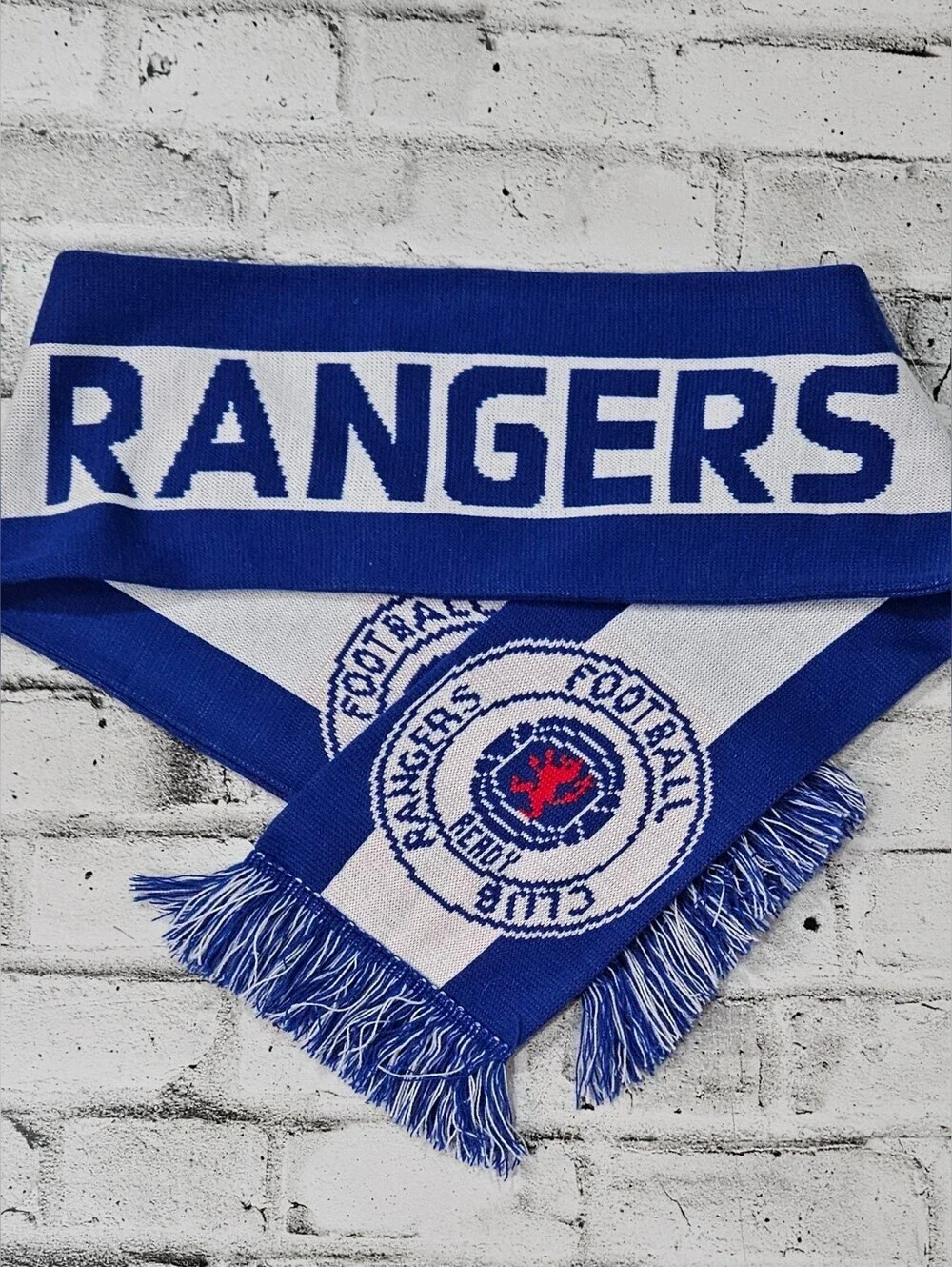 Rangers FC Football Scarf Blue White Knit Supporter Soccer Fan Fringe
